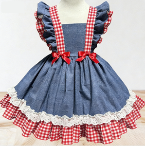 Abito Rustico Blu Stile Cowgirl per Bambine, Stile Lolita in Denim con Pizzo Traforato, Colletto Quadrato, Linea ad A, Lunghezza al Ginocchio, <span class=keywords><strong>Stampa</strong></span> Estiva - Product Image 2