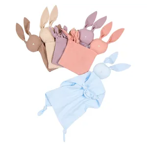 Happyflute Organic Cotton Muslin Security Blanket Cute Bunny Lovey Soft and Breathable Smoothing Towel for Newborn Unisex