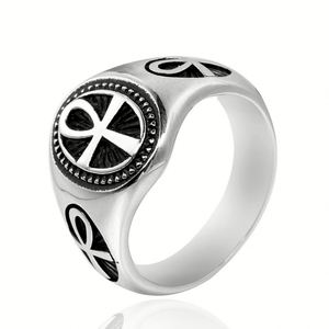Stainless Steel <b>Ring</b> with Ankh Emblem Classic Signet Design Two Tone <b>Silver</b> and Gold Textured Black Face Vintage Style <b>for</b> <b>Men</b> - Product Image 6