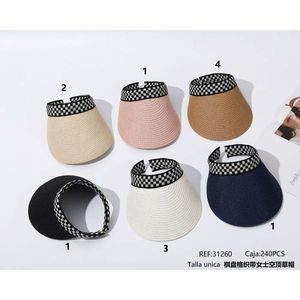 Visiera da donna in paglia con fascia a scacchi, visiera estiva alla moda per la spiaggia e la protezione all'aperto, taglia unica - Product Image 2