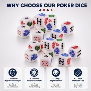 Jeu de dés de poker personnalisés de 16 mm en acrylique blanc et os d'ivoire gravé, avec motifs de cartes à jouer, vente en gros pour jeux de fête et de bar - Product Image 2