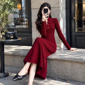 Women's Red Knitted Midi Sweater <b>Dress</b> Long Sleeve Mandarin Collar Fit And Flare Asymmetric Chinese Style Autumn Wear - Product Image 5