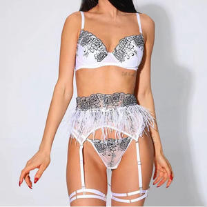 Hot European and American New Sexy Lingerie Mesh Embroidery Flower <b>Black</b> Lingerie Erotic Bra Four Piece Set for Women - Product Image 2