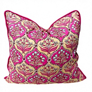 indian block print cotton Piping cushion <b>cover</b>, bohemian Cording cushions handmade boho cotton pillow <b>covers</b> floral block <b>throw</b> - Product Image 1