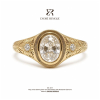 Vintage Gravierter 3ct Ovaler VVS Moissanit-Ring aus 925 Sterling Silber, Feiner Ring mit PVD-Goldbeschichtung, Schmuck für Damen