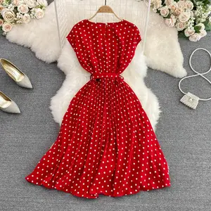 LY8194 Novo 2023 Coreano Chic Sem Mangas Polka Dot Imprimir Slim Cintura Plissada Vestido Mulheres Vestidos Roupas 5