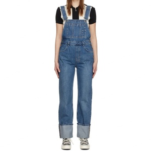 Women Casual Blue Sleeveless Non-Stretch Denim Overalls <b>Rolled</b> Leg Work Wear Jean Jumpsuit - Product Image 4