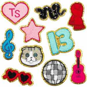 Patch brodé créatif thermocollant, thème chanteur populaire, 13 motifs : Guitare rose vif, Chat, Serpent, Écharpe rouge, Lumière disco, pour décoration DIY - Product Image 1