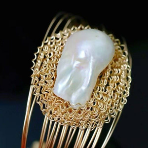14K Gold Filled Handmade <b>Cuff</b> <b>Bracelet</b>, Heavy Craft Natural Baroque Freshwater Pearl Bangle with Bright Luster Jewelry factory - Product Image 3