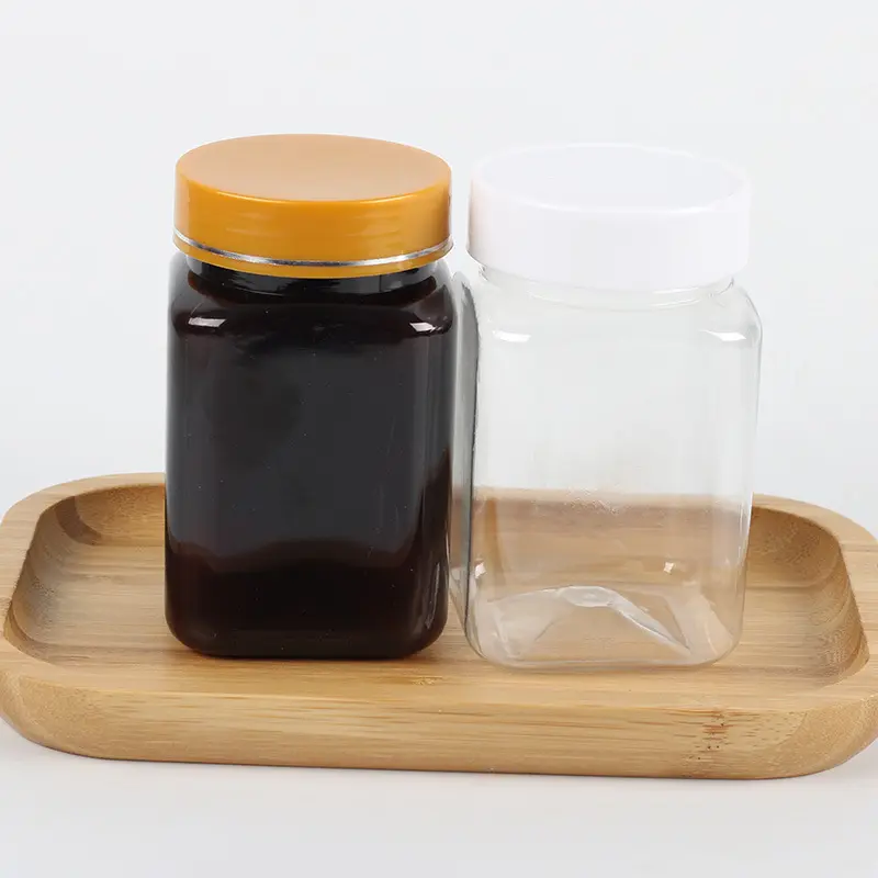 الجملة 250g500g مربع زجاجة سوداء مادة PET الغذاء الصف العسل PET الحاويات العسل البلاستيك جرة
