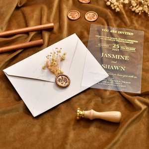 Conception personnalisée gratuite <span class=keywords><strong>carte</strong></span> d'invitation <span class=keywords><strong>de</strong></span> <span class=keywords><strong>mariage</strong></span> en acrylique transparente <span class=keywords><strong>de</strong></span> luxe avec impression UV avec enveloppe blanche et sceau <span class=keywords><strong>de</strong></span> cire - Product Image 1