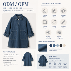 Abito in denim da <span class=keywords><strong>bambina</strong></span> 2026 a maniche lunghe con colletto polo, vestibilità ampia, bottoni frontali, tasche, in denim lavato, casual autunnale per bambini - Product Image 3