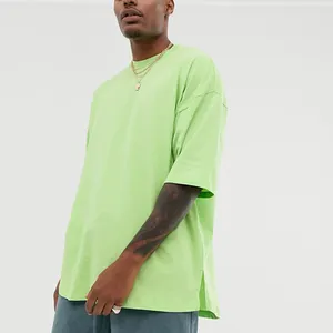 Oem design neon green heavy cotton t shirt wholesale side split hem streetwear t shirt