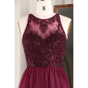 红色优雅点缀伴娘长裙缎子a线勺领口褶状裙边蕾丝珠饰亮片加尺码红色 - Product Image 6