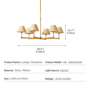 โคมไฟระย้าหวายสไตล์วินเทจ ตกแต่งห้องนั่งเล่นสไตล์ชายฝั่ง โค<span class=keywords><strong>ร</strong></span>งเหล็กทองเหลือง โคมไฟแบบสาน 6 ดวง ไฟ LED สไตล์ฝ<span class=keywords><strong>ร</strong></span>ั่งเศส โคมไฟระย้าแบบ Larkspur - Product Image 4
