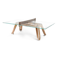 Table de tennis de table de luxe avec pieds en bois massif et plateau en verre trempé transparent, table de tennis de table de style club