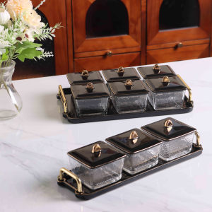 Ensemble d'assiettes à collation en céramique dorée de luxe Plateau carré peint à la main en or véritable avec récipients en verre décoratifs durables - Product Image 5
