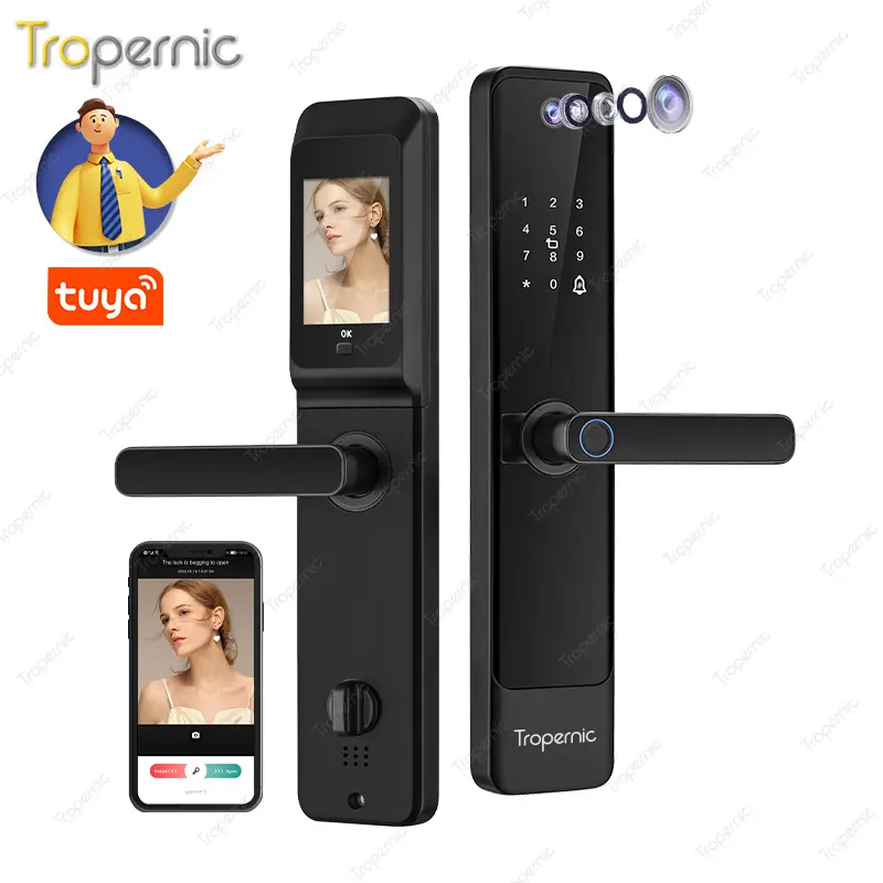 Tuya Smart Hotel Door Lock Camera Peephole Handle Lock Impressão digital Senha Wifi Door Locks Com Campainha Câmera