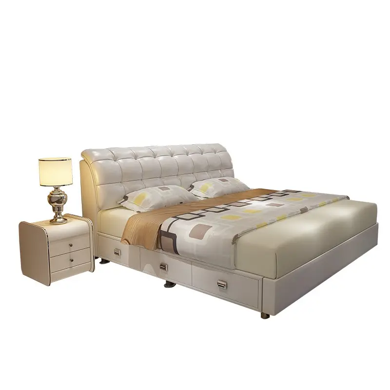 Litera tapizada de cuero con plataforma moderna, mueble de dormitorio con almacenamiento, tamaño king y queen