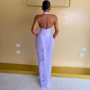 OUDINA Nuovi Stili <span class=keywords><strong>Abito</strong></span> da Sera <span class=keywords><strong>Lungo</strong></span> Elegante con <span class=keywords><strong>Scollo</strong></span> all'Americana, Arricciato e Plissettato, Vestito Aderente a Fascia - Product Image 2