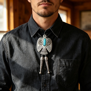 Cravate Bolo Western Vintage pour Homme avec Pendentif Aigle, Pierre Turquoise et Cordon en Cuir Tressé – Accessoire Décontracté pour Chemise Style Sud-ouest - Product Image 4