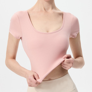 Top de Yoga con Copas Fijas para Mujer, Manga Corta, Cuello Redondo, Espalda Recortada, Sensación de Algodón Suave como una Nube, Ropa Cómoda para Entrenamiento - Product Image 4