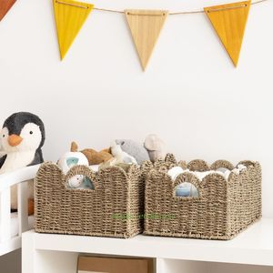 Ecoka Multipurpose Eco-Friendly Handwoven <b>Rectangle</b> Straw Clothing <b>Storage</b> <b>Basket</b> Organizer Scallop Edge Home Decoration - Product Image 3