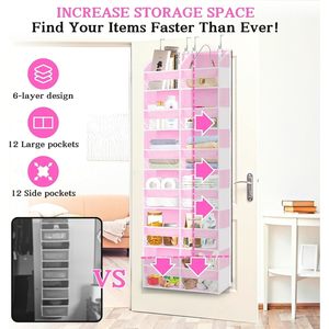 Over The Door Organizer 6 Tiers 12 Compartments Pink Hanging <b>Storage</b> For Clothing <b>Shoes</b> Behind Door Wall Mount Non Woven - Product Image 2