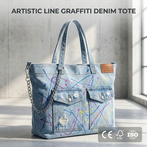 Borsa Tote in Denim da Donna 3322 L con <span class=keywords><strong>Graffiti</strong></span>, Grande Capacità, Design Artistico, Borsa a Tracolla per Laptop con Catene Metalliche - Product Image 1