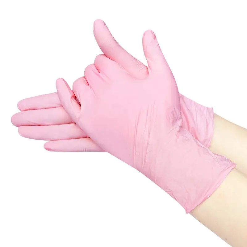 Guantes de nitrilo antideslizantes, guantes impermeables con textura para los dedos, guantes desechables de nitrilo rosa sin polvo para pantalla táctil para uso industrial