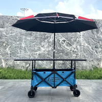 Chariot pliable avec parapluie, table et auvent pour la vente ambulante, idéal pour les stands extérieurs et le camping