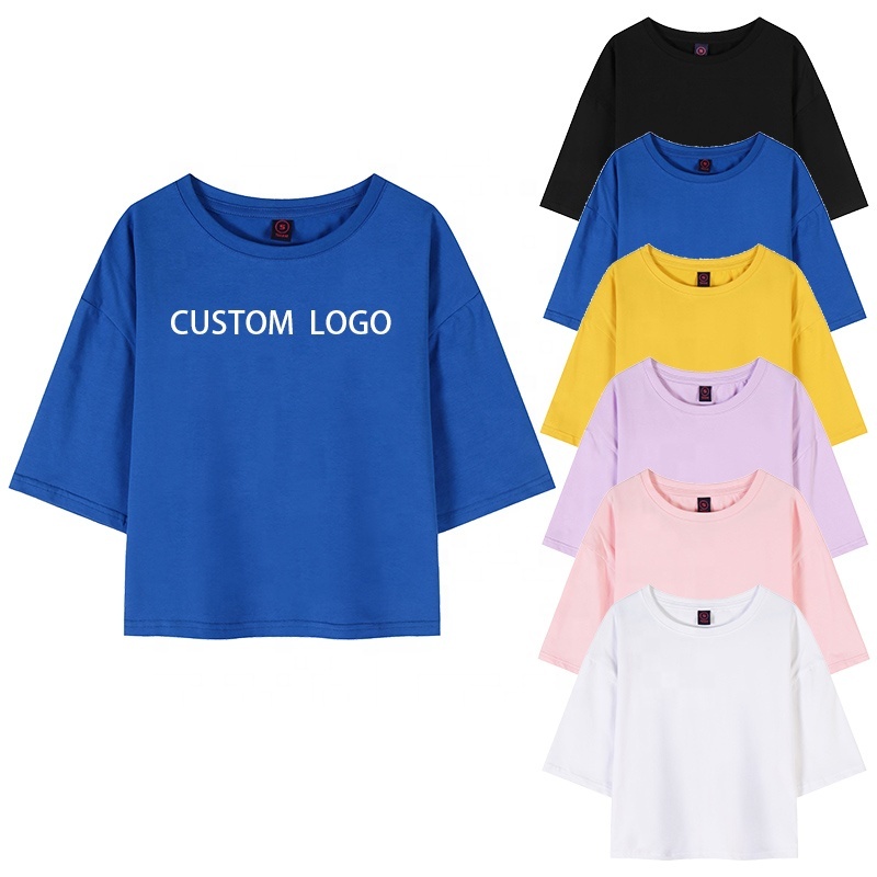 Women's Custom Croptop Cotton Gym Tee Plus Size Sexy Crop Tops in Blue Loose Fit Workout Dress Casual Style Cropped T Shirt