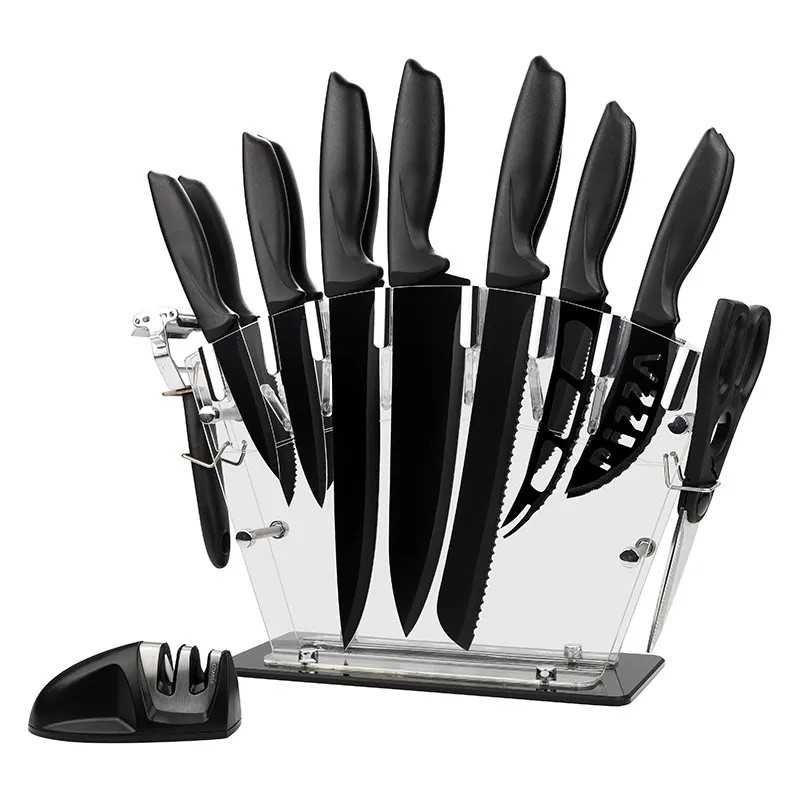 Ensemble de couteaux de cuisine noirs super tranchants avec bloc Ensemble de couteaux de chef polyvalents avec aiguiseur et éplucheur Couteaux en acier inoxydable