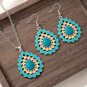 Ensemble de bijoux turquoise géométrique en argent 925, style bohème, collier et boucles d'oreilles, pour femmes, à porter au quotidien - Product Image 4