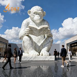 D & Z Art Group conçoit et personnalise une grande statue de singe en marbre blanc pour s'asseoir et lire pour la décoration extérieure - Product Image 2