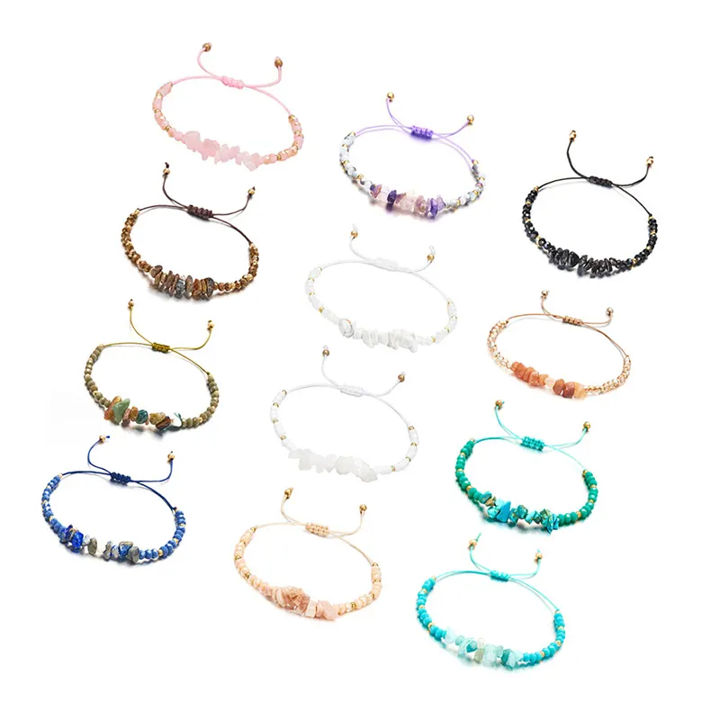 Pulseira de pedra natural irregular transfronteiriça ajustável tecido à mão pulseira de personalidade cristal de cascalho para meninas