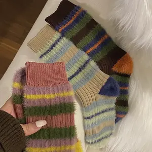 Korean Style Striped Color Matching Mink Furry Socks Sweet Autumn And Winter Women Stockings