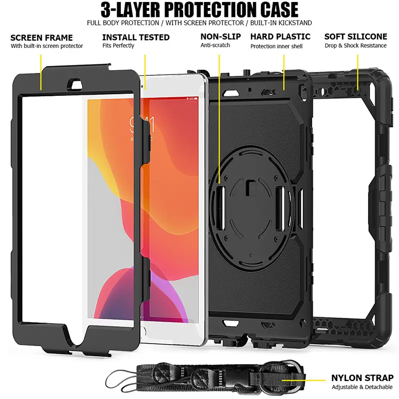 For new iPad 10.2 inch 2019/2020/2021 9th Generation shoulder strap Cover with rotate kickstand and screen protector