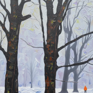 Dipinto a mano paesaggio invernale dipinto a olio, albero strutturato foresta innevata con figura solitaria arte della parete per soggiorno o ufficio - Product Image 2