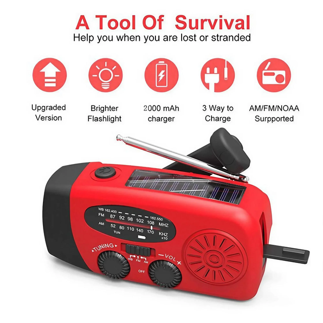 Emergency Radio Solar Hand Crank Self-Powered Weather Radio 2000mAh Rechargeable Battery Bright LED Flashlight Outdoor Survival