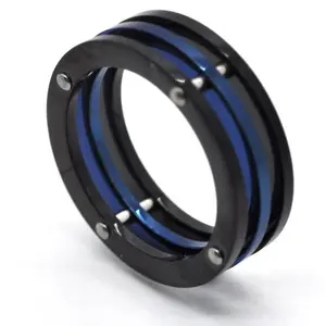 Trendy black blue black anodized stripe assembly surgical steel ring for boy men collection