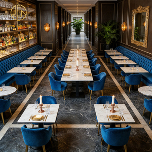 Table ronde carrée de luxe en pierre frittée, canapé banquette en velours bleu foncé, mobilier personnalisé pour hôtels et restaurants - Product Image 4