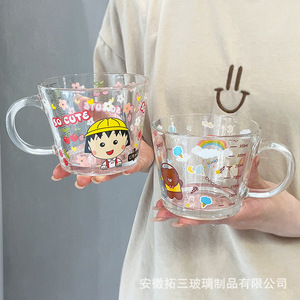 Glass Cup With Handle Flowers Pattern Measuring Scale For Breakfast Milk Oatmeal Student Use Single Cup - Product Image 3