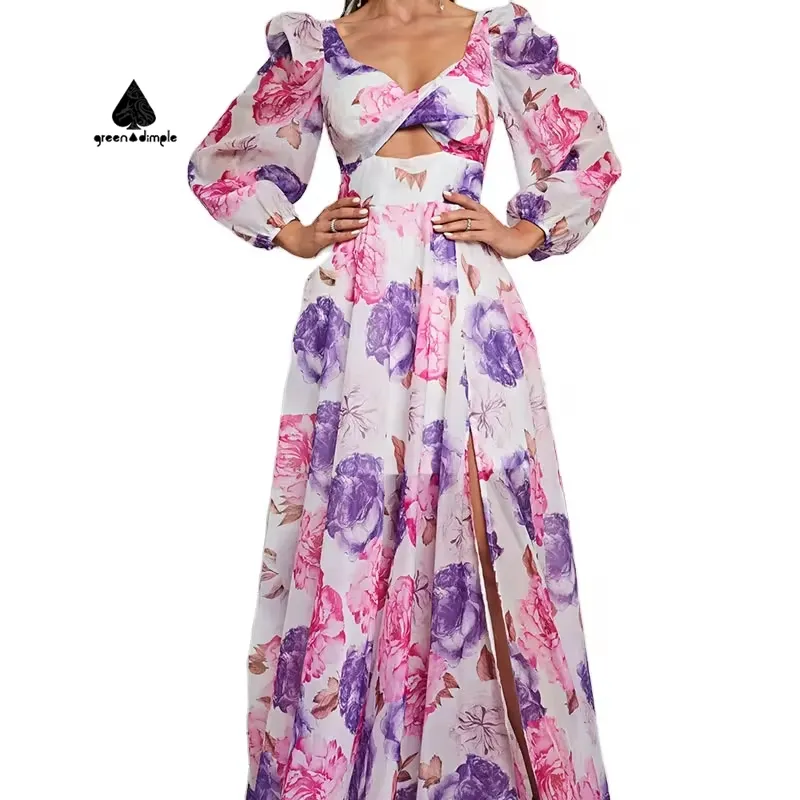 Custom women's floral dress chiffon hollowed-out holiday dress Lady design feeling long evening dress