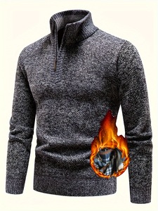 Suéter de punto para hombre con cuello simulado y cremallera de un cuarto, forro polar, color liso, para uso casual en otoño e invierno - Product Image 4
