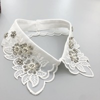 Buatan tangan pasang Rhinestones renda kerah Applique, lapisan ganda kerah putih Applique bordir Trims untuk dijual