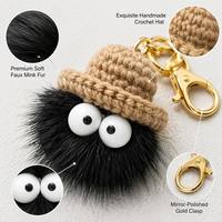 Porte-clés de luxe en fausse fourrure de vison, boule de charbon, mignon, style Susuwatari, breloque de sac, chapeau au crochet fait main, jouet en peluche, cadeau pour femme, vente en gros, MOQ 15