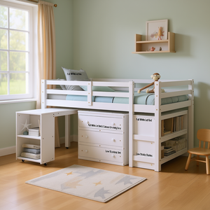 Cama alta blanca completa con gabinete, escritorio rodante y estanterías bajas para estudio, juego de muebles infantiles - Product Image 2