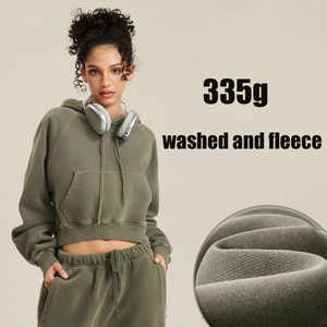 Sweat-shirt à capuche surdimensionné et court en coton 100% personnalisé, style streetwear vieilli, épaules tombantes, pour l'automne, en tissu tissé - Product Image 5