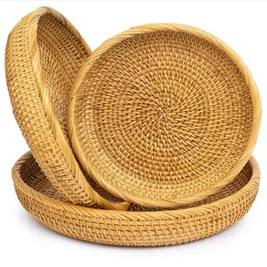 Natürliche Rattan Runde Obstkorb Schalen Hand gewebte Lagerung Servier körbe Wicker Organizer